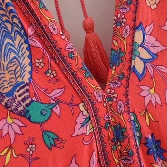 Red Boho Floral Bird Gypsy Print Maxi Long Dress - Picture 8 of 9